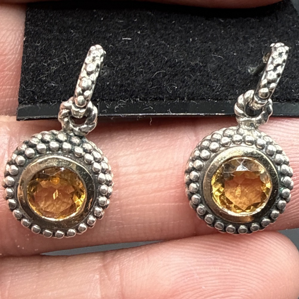 ATR 14K Gold 925 Sterling Silver Citrine Dangle Drop Earrings Caviar Beaded VTG - Picture 10 of 14